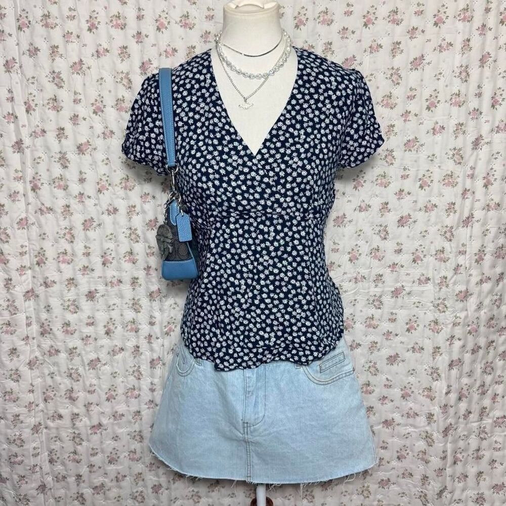 Navy Blue Floral V Neck Top Women’s Dainty Flower Soft Blouse